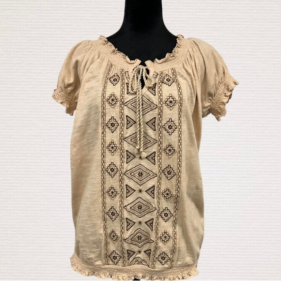ST JOHN'S BAY Cream w/Brown Tribal Embroidery Boho Top, Cotton, Size Small - Picture 2 of 9